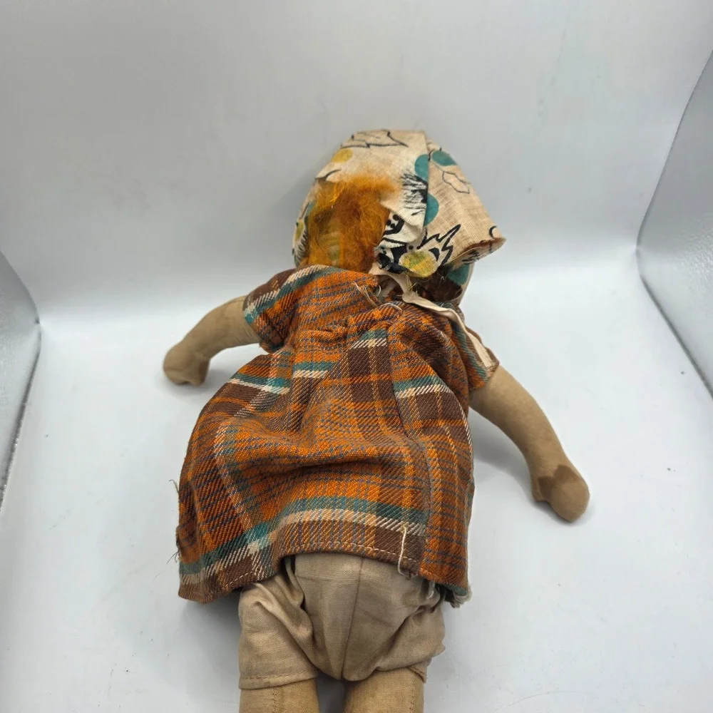 Old Cloth Doll Mask Face Red Yarn Hair Plaid Dress Bonnet Primitive Doll As Is